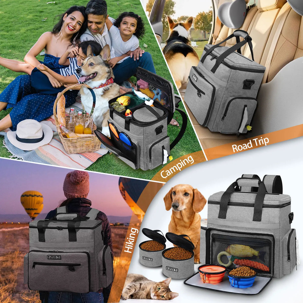Outdoor Dog Organizer Bag with Bowl Set Traveling Storage Bag Large Multi-Function Pockets Pet Food Container Backpack