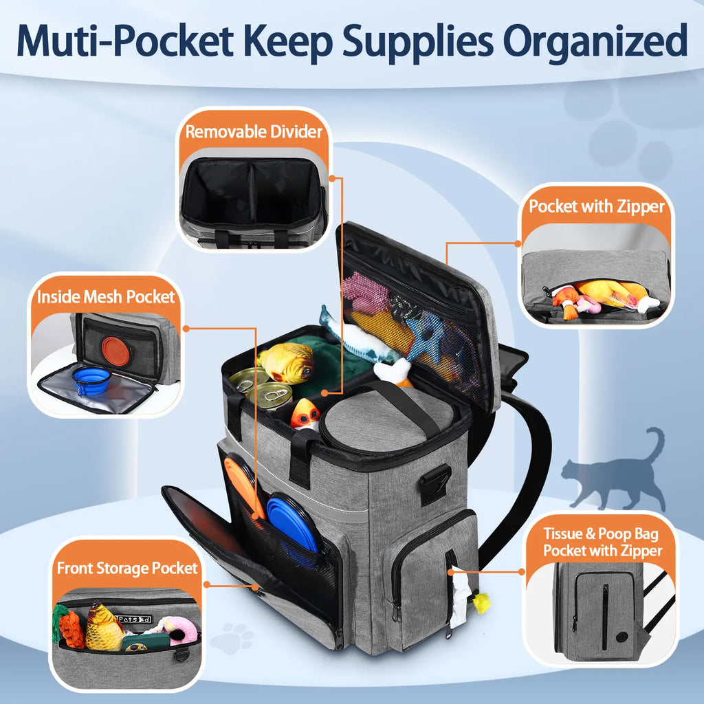 Outdoor Dog Organizer Bag with Bowl Set Traveling Storage Bag Large Multi-Function Pockets Pet Food Container Backpack